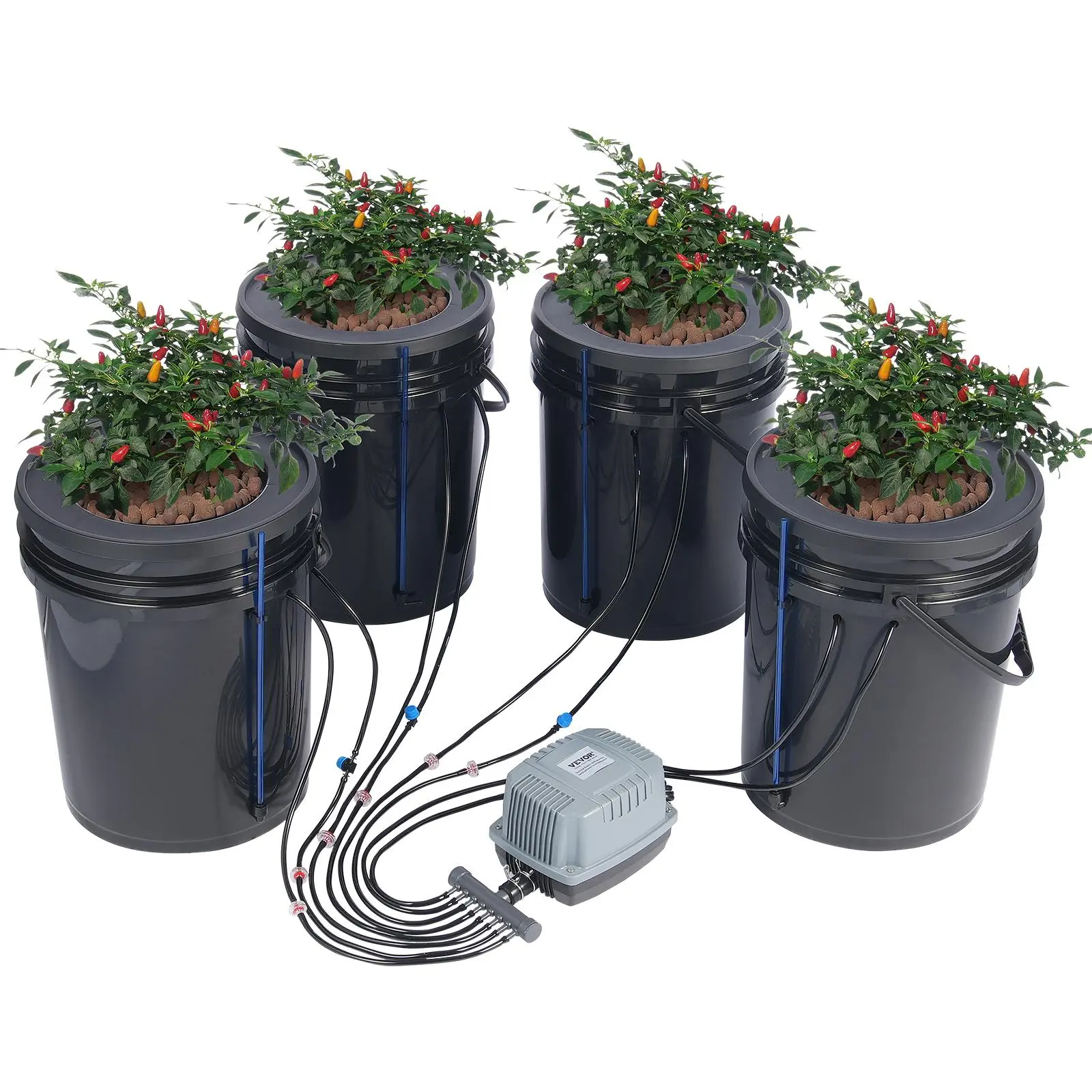 【fathersdaygift】VEVOR DWC Hydroponics Grow System, Hydroponic Growing System with Top Drip Kit, Deep Water Culture 5-Gallon 4 Buckets, with Air Pump, Air Stones and Water Level Device for Leafy Vegetables