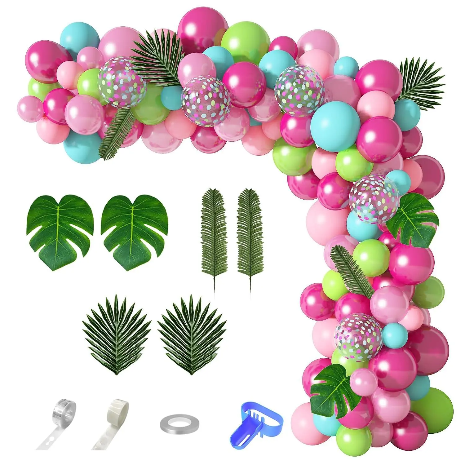 142Pcs Tropical Flamingo Balloons Garland Arch Kit, 40" Flamingo Balloons Hot Pink Green Confetti Balloons Palm Leaves For Hawaii Luau Aloha Flamingo Birthday Party Baby Shower Wedding Decorations