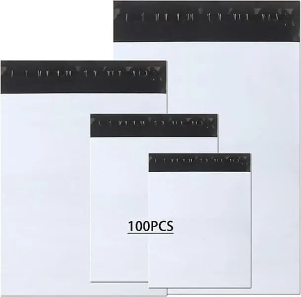 100-Pack Poly Mailers Shipping Bags – 4 Assorted Sizes White Self-Sealing Adhesive Envelopes, Waterproof & Tear-Proof Mailing Bags for Clothing, Books, Gifts & E-Commerce Packaging