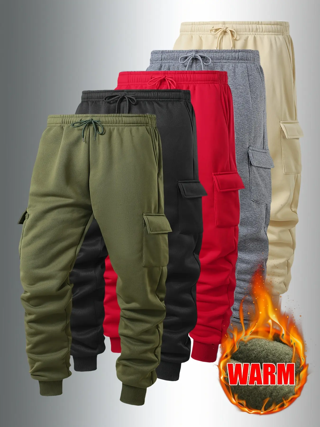 Men's Fashion Casual Warm Fleece Lined Cargo Pants, Multi-Pocket Design, Thick Fabric, Elastic Waist, Perfect for Winter Outdoor Activities, Sportswear