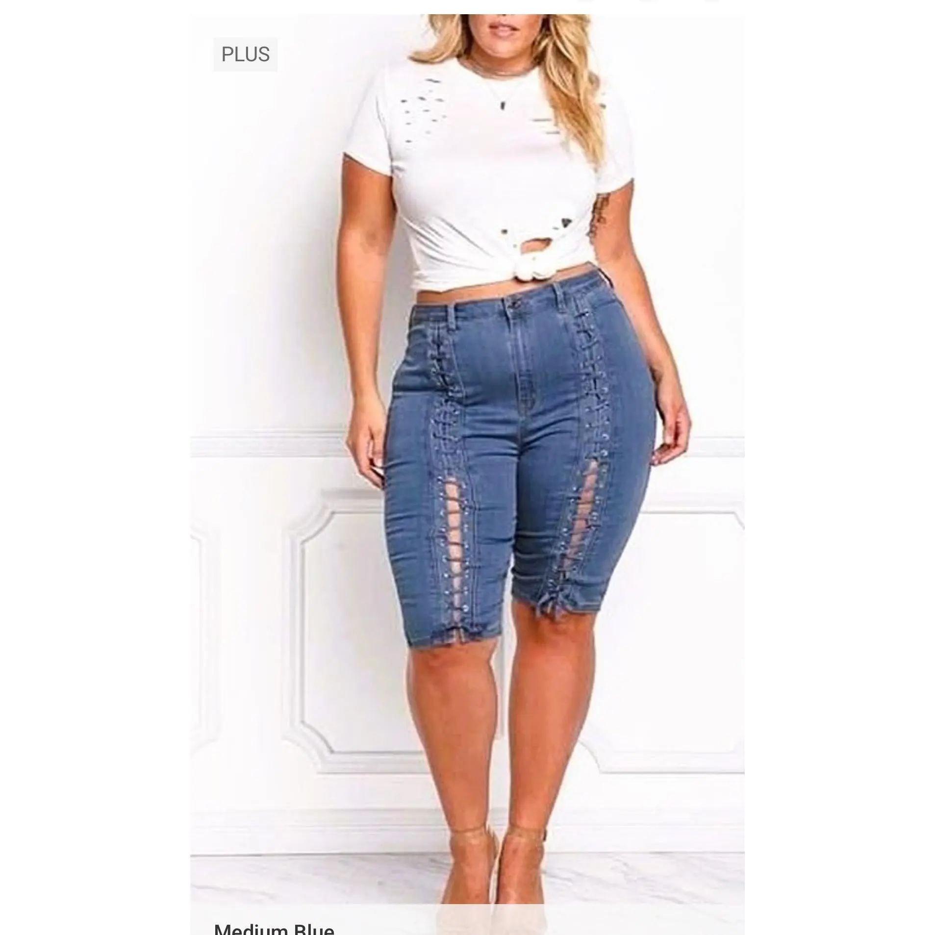 Women's Lace Eyelet Bermuda Shorts - Stylish Fit Bottom for Hot Girl Summer Vibes, Style, Casual, Comfy, Denim, Plus Size, High Rise, Knee-Length, Lace Up, Peekaboo Detail At The Hem, Playful Front Eyelet Lace-Up