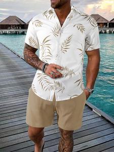 men's leaf print drawstring waist shorts set, casual collared button short sleeve top & shorts set,  sets for men clothing, men's 2 piece set, national day clothing, menswear