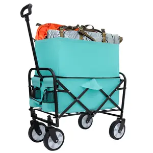 Minimeetall Extendable Collapsible Wagon with Strapping System – Blue, 225lbs Utility Cart for Camping, Shopping beach cart