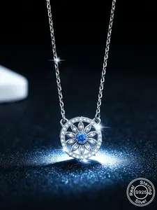 Women's S925 Silver Color Round Circle Zirconia Pendant Necklace, Fashionable Versatile Light Luxury Style Choker Jewelry