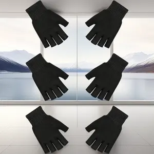 3-Pair Winter Fingerless Gloves for Women, Men & Teens, Black Knit Half Finger Touchscreen Gloves, Warm Stretchy for Writing, Working & Driving