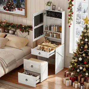 Small White Lighted Vanity Desk, Glass Top Dressing Table with Charging Station, Jewelry Cabinet and Storage Stool set