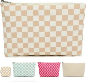 Checkered Makeup Bag, Travel Cosmetic Bag Organizer Toiletry Bag Make Up Bags with Zipper & Compartments for Women Girls