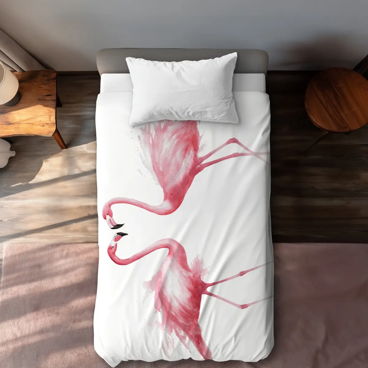 Begin Home Decor C1DCTXLWW8SVBP Two Pink Flamingo Watercolor Twin Size Extra Long Duvet Cover - Feathers Pink Decor