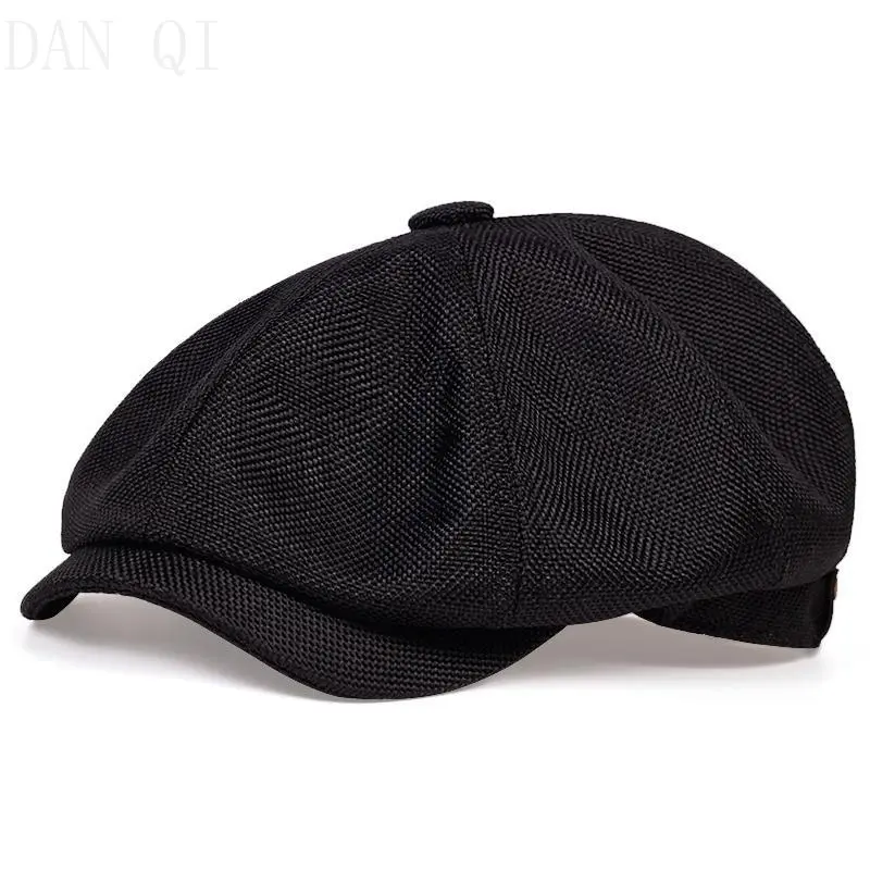 Retro Linen Octagonal Newsboy Black Cap with a Unisex Look, 1 Size Fit for Casual Spring & Autumn Wear, One Size Fit