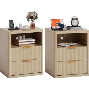 2-Drawer Fluted Bedside Nightstands, Set of 2 with Built-in Charging Station. Featuring metal pull handles and safe rounded edges, this oak-finish side cabinet offers ample storage, ideal bedroom end table furniture