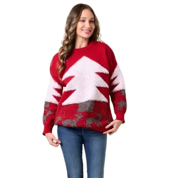 Suéter Árbol de Navidad Festive Red & White Christmas Tree Design Cozy Knitwear for Women