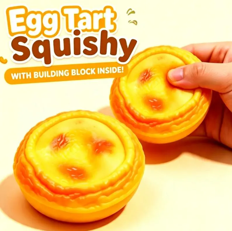 Crispy‑Sound Egg Tart Squeeze Toy With Inner Building‑Block Filling, Soft Squishy Stress‑Relief Finger Toy, Portable Cute Desktop Relaxation Fidget, Ideal Party & Daily‑Fun Gift