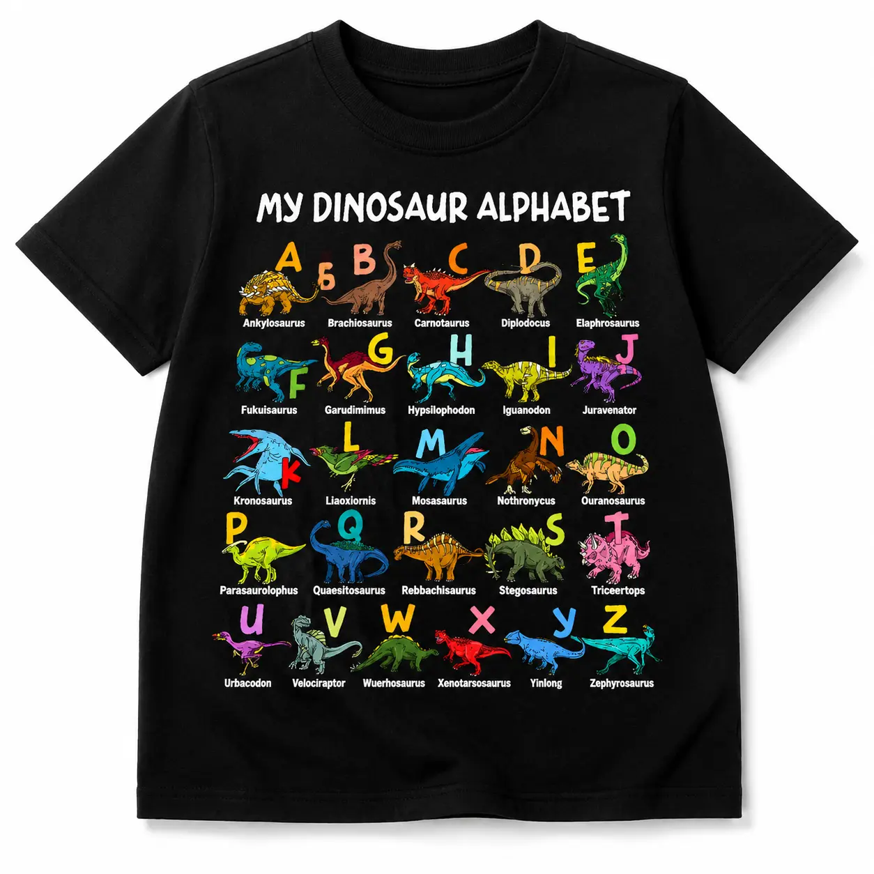Summer New Stylish Boys' T-Shirt Featuring a Cartoon Dinosaur Print with The Words 'My DINOSAUR ALPHABET'.