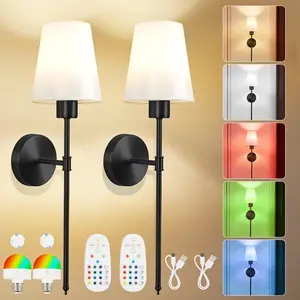 9Color Modes Adjustable 2 Wireless Battery Powered Indoor Wall Light Bulbs Rechargeable Wireless Bedroom Living Room Wall Lights Fabric Lampshade Design Includes 2 Lights/Bulbs/Remotes/Controls/TypeC Cables/Double Sided Tape Colorful Warm Ambient Lighting