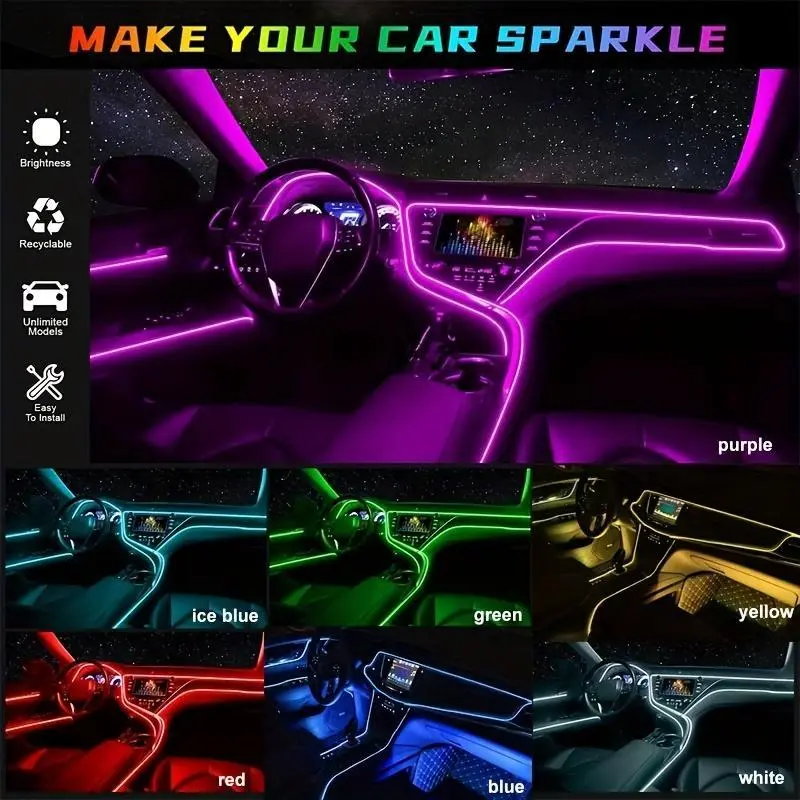 Seven-Color LED Car Interior Atmosphere Light Strip, RGB Neon Fiber Optic Dashboard Ambient Lighting USB Driver Included