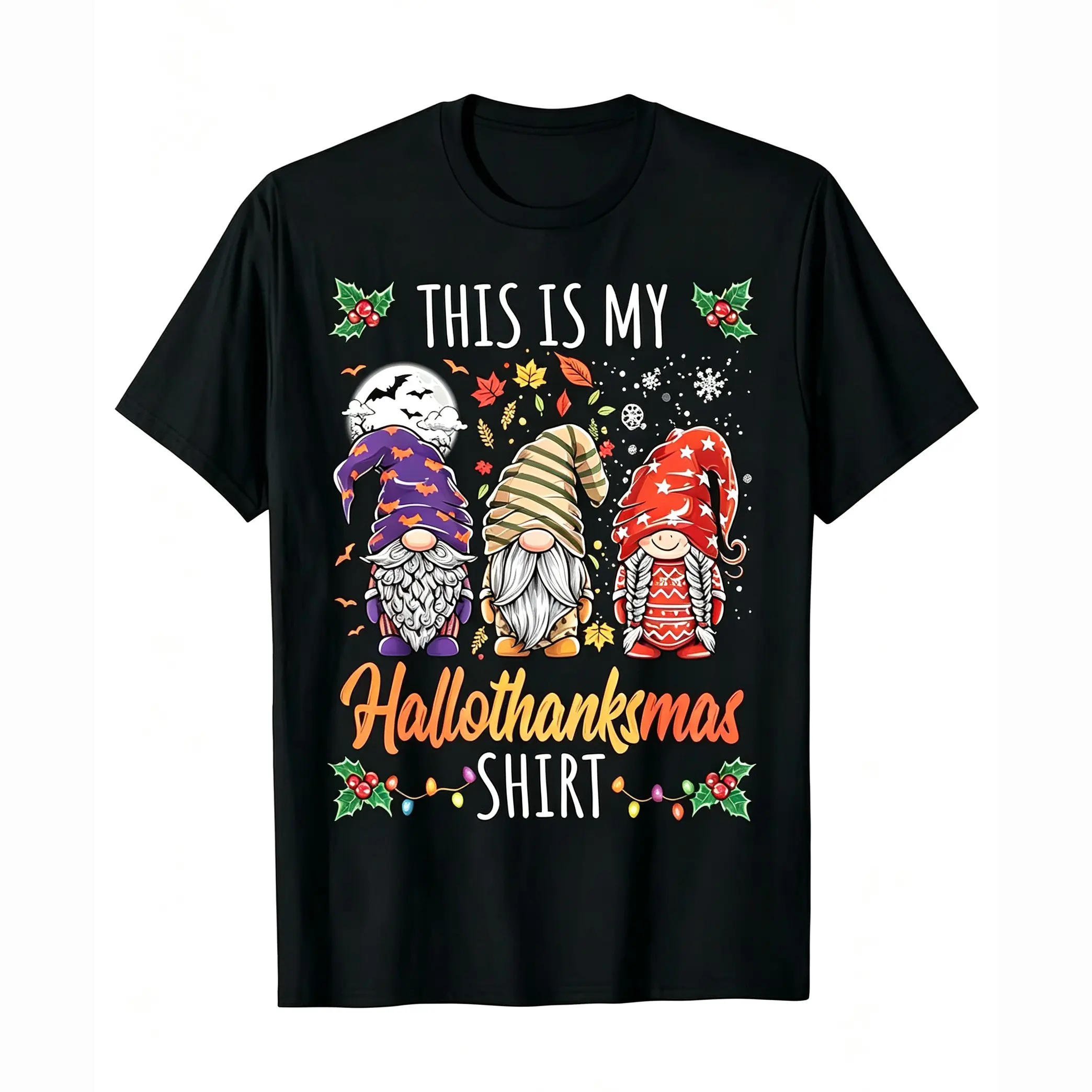 This Is My Hallothanksmas Shirt Cute Triple Holiday Gnome Graphic T-Shirt, Halloween Thanksgiving Christmas Fall Winter Short Sleeve Top