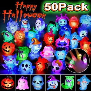 50pcs Halloween LED Rings, Halloween Party Favors Glow in the Dark Party Supplies, 15 Different types Halloween Light Up Rings Perfect for Trick or Treat Gifts and Halloween Favors