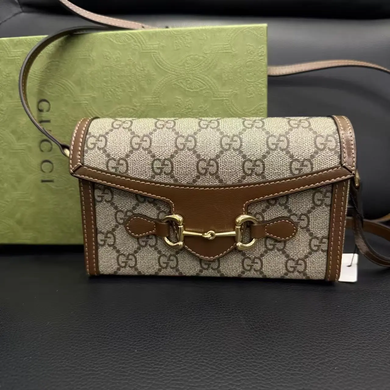 Pre-owned GUCCI AS SHOWN Shoulder Bags Pre‑Loved Horsebit 1955 Mini Shoulder Bag Vintage GG Canvas Purse