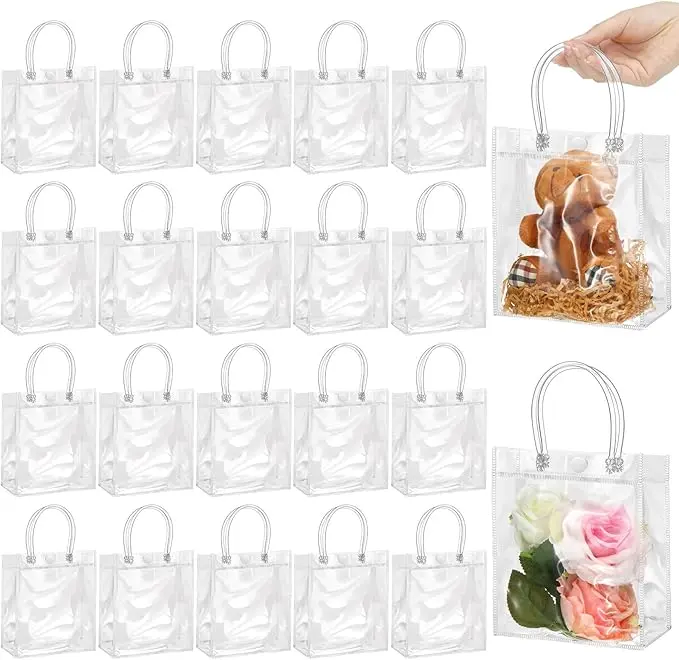 50pcs Clear Gift Bags with Handles - Party Favor Candy Bags Transparent | Plastic Goodie Bags, bolsitas for Valentines, Mother's Day, Christmas, Baby Shower, Wedding, Birthday, Mini 5.9 x 5.1x 2.7 Inch