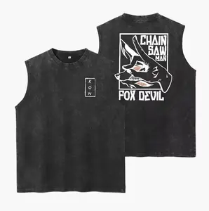 Japanese Anime Chainsaw Man Cartoon Kon Washed Tank Top, Gym Essential, Vintage Casual Crewneck Sleeveless Menswear T-shirts Classic Cotton Fabric Streetwear
