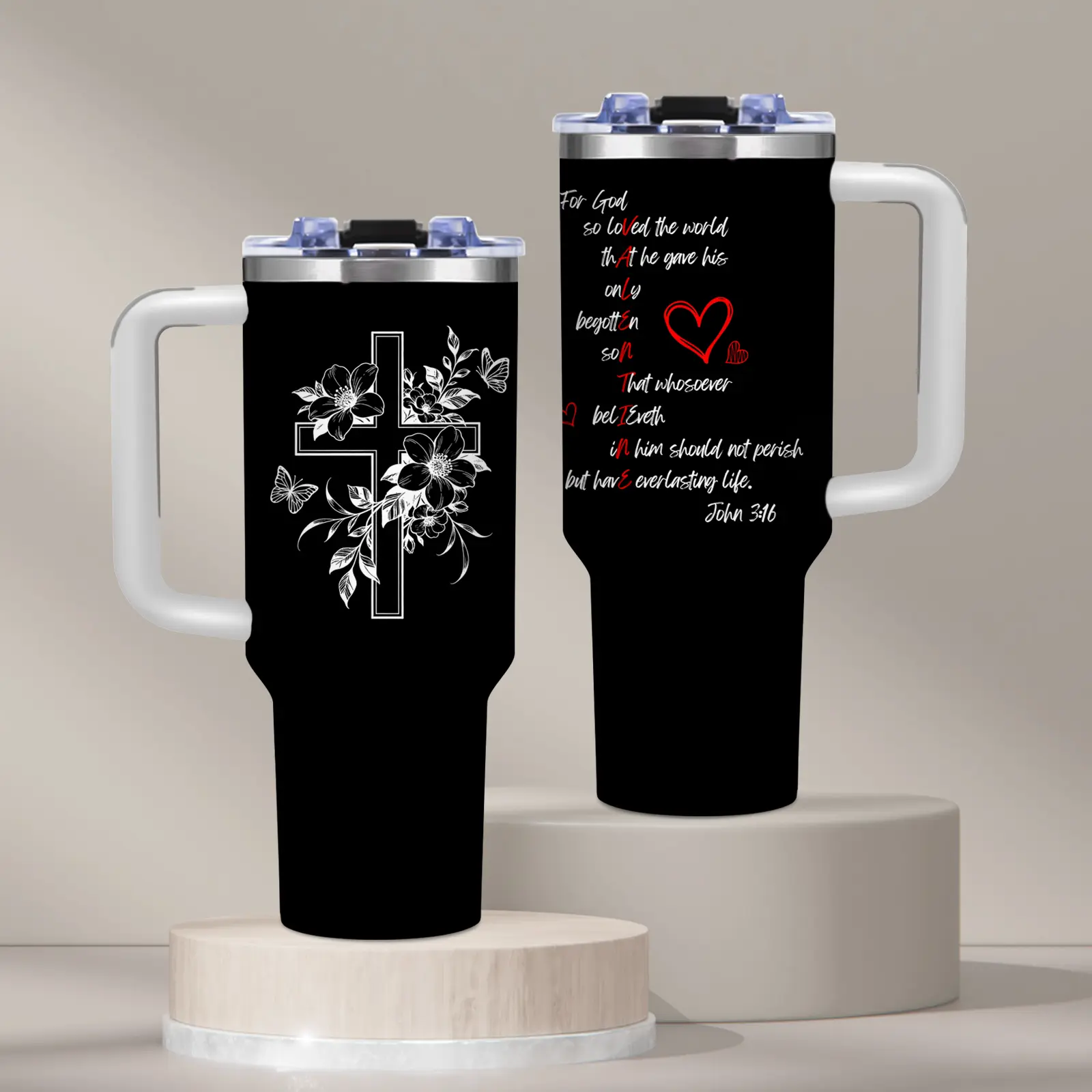 1PC Christian Cross Floral Faith Bible Verse John 316 Design 40oz Traveler Tumbler BPA Free With Handle & Straw Inspirational Religious Style Print Pattern For Church， Home， Easter， Mother's Day， Birthday Gift， Tumbler