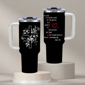 1PC Christian Cross Floral Faith Bible Verse John 316 Design 40oz Traveler Tumbler BPA Free With Handle & Straw Inspirational Religious Style Print Pattern For Church， Home， Easter， Mother's Day， Birthday Gift， Tumbler