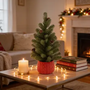 24"H Tabletop Xmas Tree in Sweater Ceramic Pot 6.5X6.5X5 - Hand-Crafted Festive Decor with Red Sweater Pattern & Pine Cones for Easy Indoor Use