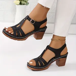 [Plus-Size High Heel Sandals] Plus-Size Women's Black Peep Toe High Heel Sandals - Chunky Faux Cover Ankle Suspender Dress Shoes for Summer Fashion