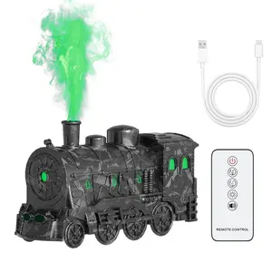Vintage Steam Train Aroma Diffuser & Humidifier, Faux Flame Spray Mode, Remote Control, Colorful Lights, Ideal for Bedroom & Home Office