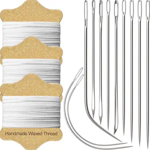 Upholstery Repair Kit: Waxed Sewing Thread (3 Rolls - White Color) & Heavy Duty  (11 PCS) for Leather, Canvas & Quilting Thread