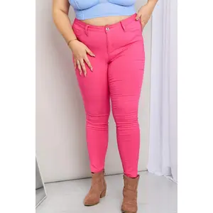 YMI Jeanswear Kate Hyper-Stretch Full Size Mid-Rise Skinny Jeans in Fiery Coral