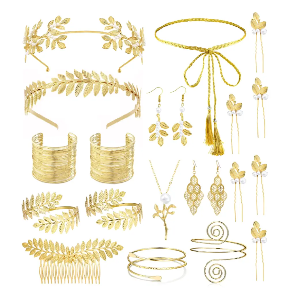 21 PCS Greek Goddess Costume Accessories Set for Women Golden Leaf Headband Hair Clips Upper Earrings Arm Cuff Earrings Belt Party Jewelry