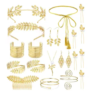 21 PCS Greek Goddess Costume Accessories Set for Women Golden Leaf Headband Hair Clips Upper Earrings Arm Cuff Earrings Belt Party Jewelry