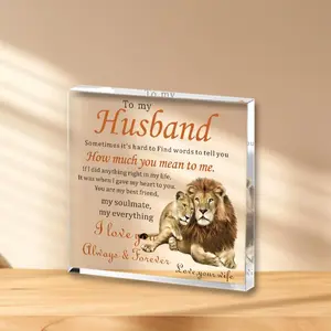 Lion Pattern Square Desk Plaque, Decorative Plaque, Clear Acrylic Desktop Ornament, Romantic Gift for Husband, Vintage Plaque Decor