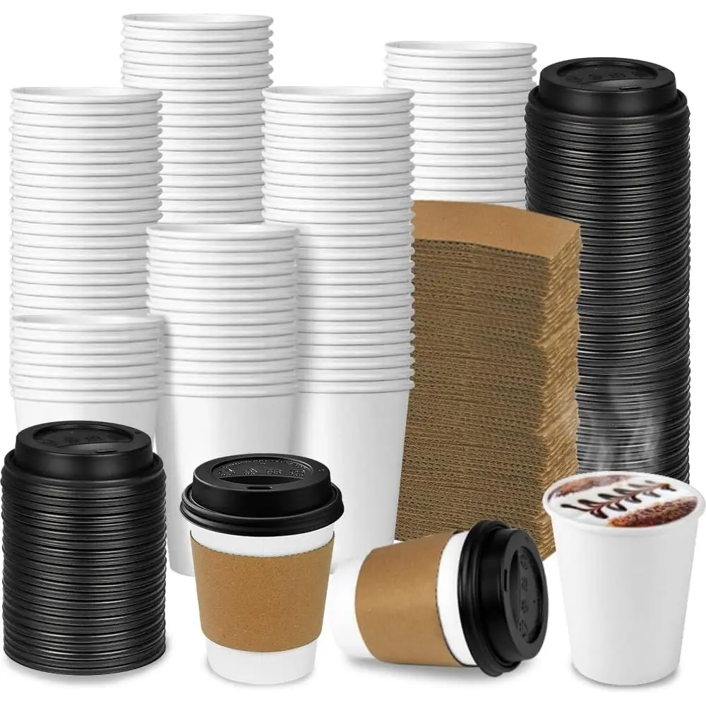 Disposable Paper Star Coffee Cups - 100-Pack 8 oz Sturdy Recyclable Thick Disposable Cups with Lids, Sleeves, Leak-Proof for Hot Beverages, Coffee, Party Use, Free Creativity