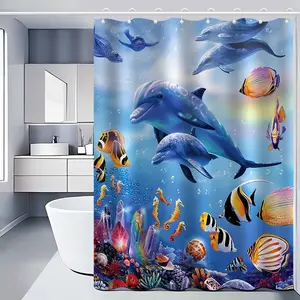 Underwater world dolphin, seahorse, fish pattern forest shower curtain design, polyester fabric, windows and walls, bathtub, bathroom home decoration shower curtain, all season universal shower curtain, bathroom decoration curtain, with 12 hooks