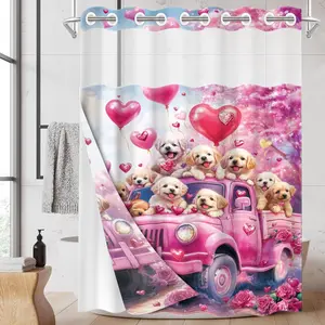 1PC/4PCS 2D Flat Printing Pink Truck Bears Love Heart Flower Sea Patterned shower curtain, Printed shower curtain, home bathroom decor, shower curtain set with 12 hooks, non-slip bathroom rug, U-shaped toilet seat cover, toilet seat mat