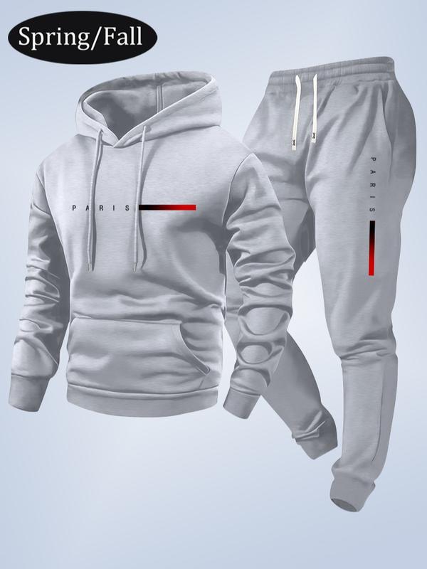 Men's Spring/Fall Paris Letter Print Hooded Sweater & Elastic Waist Drawstring Trousers Set Stylish Casual Two-Piece Gift for Husband or Boyfriend