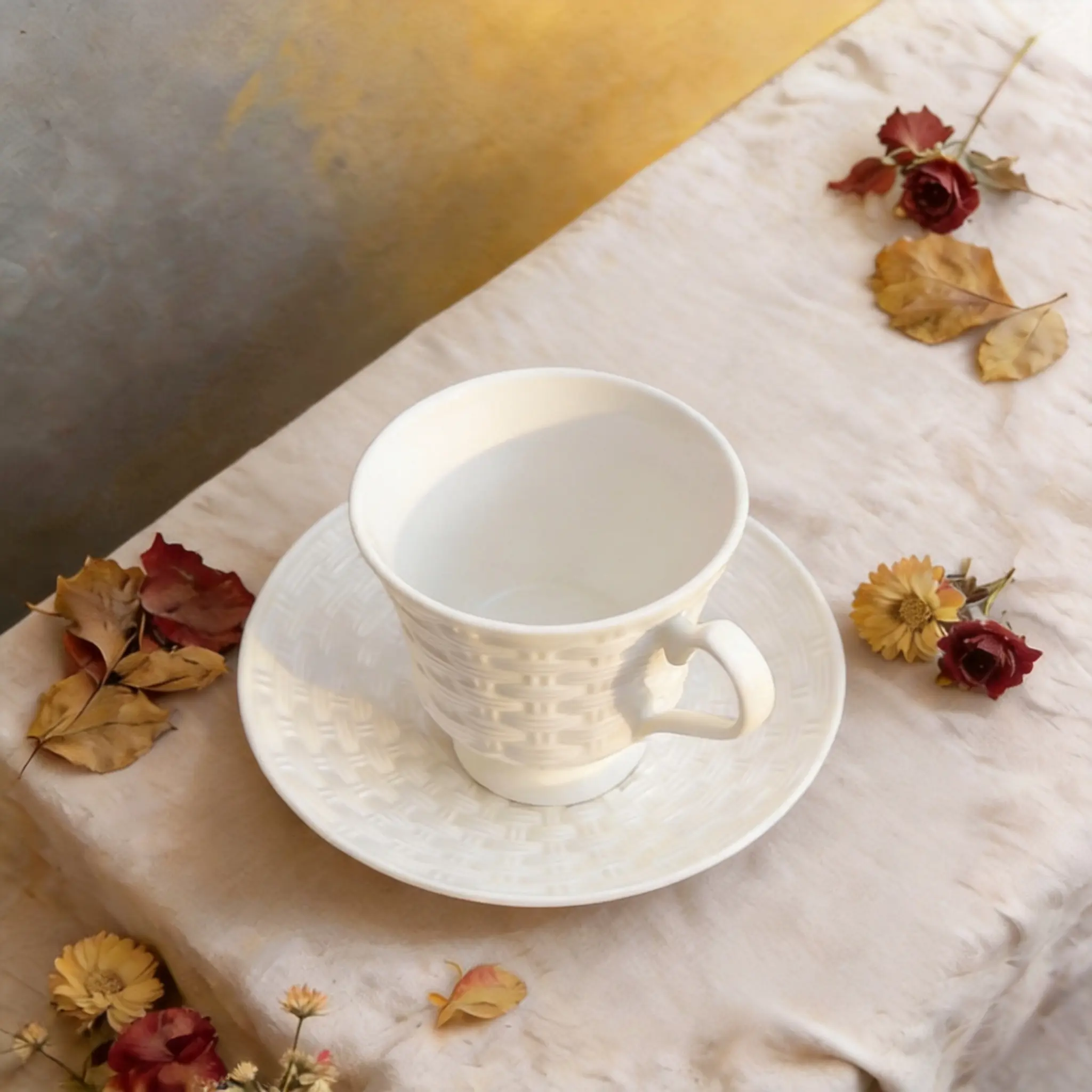 AYNSLEY Bone China Teacup & Round Saucer Set - 200ml, Basketweave Interlocking Lines Embossed Design, Cadmium and Cadmium Compounds-Free British Premium Kitchenware, Drinkware Cups, Collector’s Item, Elegant Gift Set