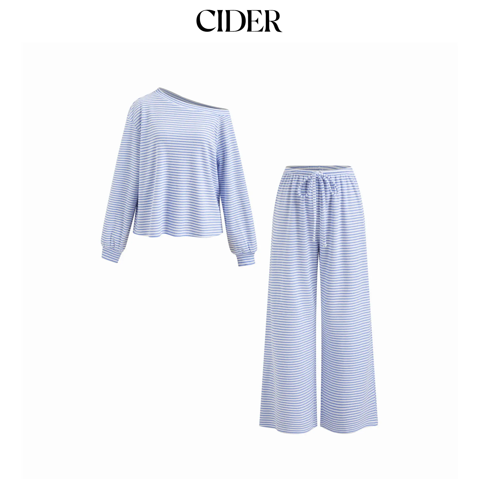 Cider [size 2-10] Cotton-blend Asymmetrical Neck Striped Oversized Top & Mid Rise Drawstring Trousers Loungewear Set, Nightwear, Pajamas, Comfy Sets, Home Outfits