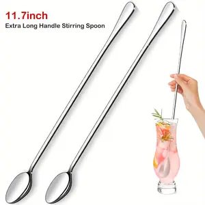 2 Pack Long Handle Stirring Spoons, 410 Stainless Steel Extended Durable Design, Mirror Polished Multi-purpose Utensils Iced Tea & Cocktail Spoon, Dishwasher Safe for Home, Kitchen, Cafe & Bar Use