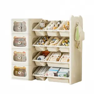 4 Tier Toy Storage Organizer with 4 Drawers and 10 Bins, Cute Bear Cartoon Bookshelf Organizers Storage, Kids Bin Shelf Bookcase for Bedroom Playroom Organization, Modern Toy Bins for Kids, Vertical Stuffed Animal Storage