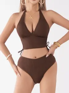 SwimWeek Women's Brown Ribbed Bikini Set Halter Swimsuit Deep V Neck High Waisted Tie Detail Two Piece Bathing Suit Comfortable & Durable Fabric