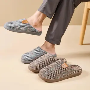 Women's Vintage Plaid Suede Slippers, Soft and Warm Indoor Floor Moccasins, Simple Solid Color with Letter Pattern Home Shoes