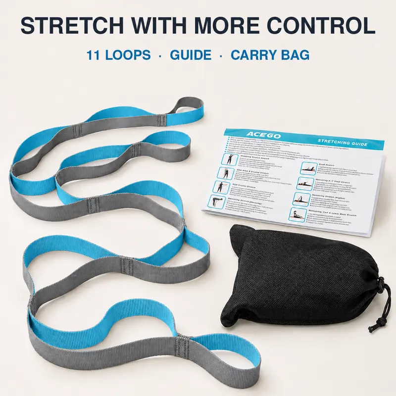 11-Loop Non-Elastic Stretching Strap for Beginners, Non-Elastic Reach Assist Strap for Can't-Touch-Toes, Hamstring, Leg and Shoulder Stretches at Home