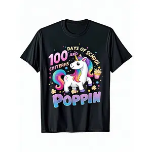 Girls' 100 Days of School Unicorn T-Shirt - 100 Days Smiling Unicorn & Number 100 Graphic, Breathable Cotton Short Sleeve Crew Neck Top for 100th Day Celebration, School Milestone Outfit for to 5th Grade (Comfortable Fit)  (3-13Y)