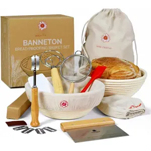 Banneton Bread Proofing Basket Set of 2 Sourdough Starter Kit with 9- Inch Round Baskets Fermentation Proofing Bowls Artisan Sourdough Bread Baking Supplies with Tools Liners and Linen Bag