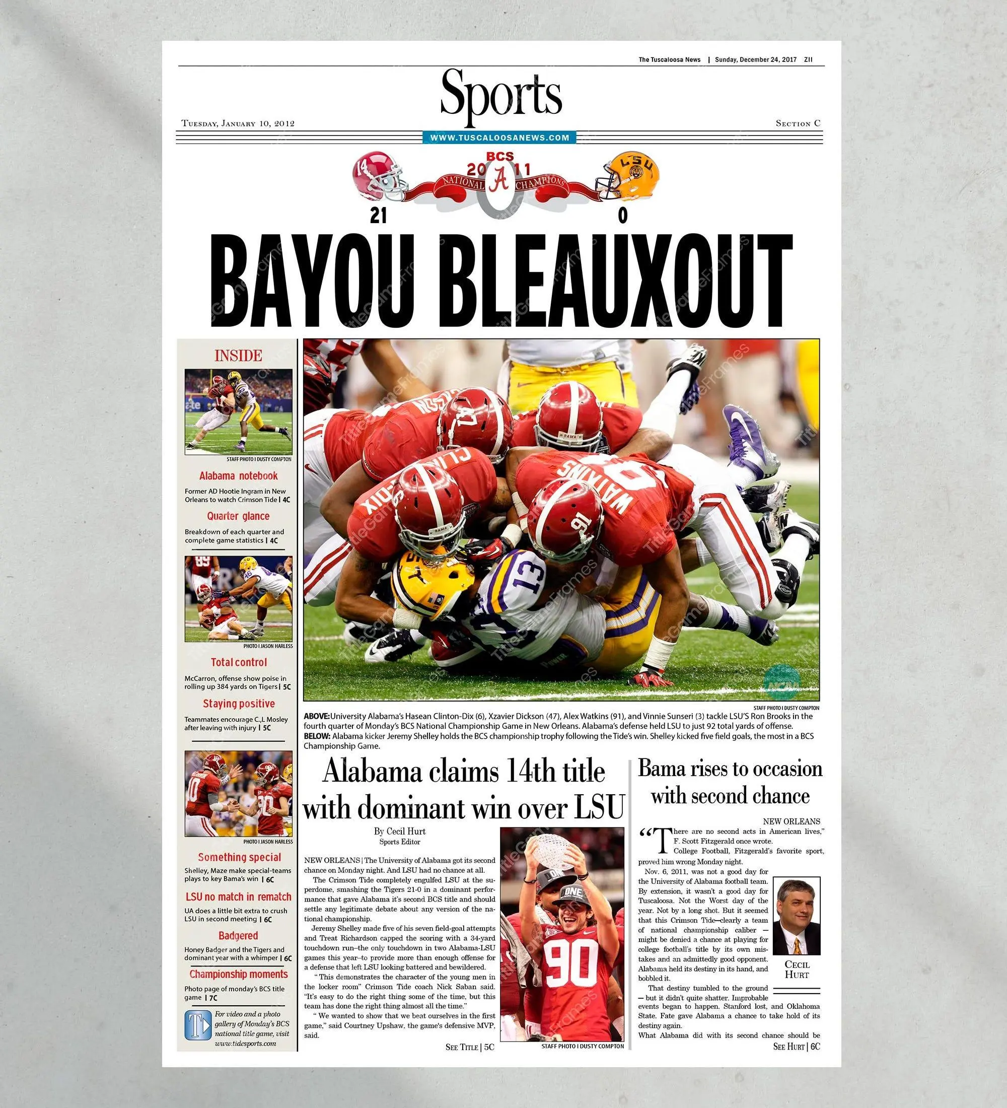 2011 Alabama Crimson Tide 'BAYOU BLEAUXOUT' NCAA National Champions Unframed Poster Print
