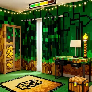 Pixelated Miners Blocks Room Decor,Patchwork Square Video Games Window Curtains,Geometric Patchwork Grid Blackout Curtains,Green Yellow Panels
