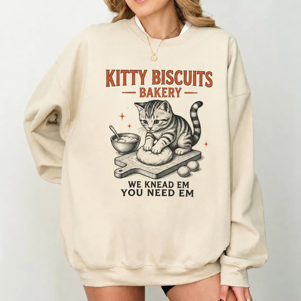 Silly sourdough kitty sweatshirt with bakery humor, biscuit cat meme style, cozy crewneck comfort and a fun Christmas present for bakers and cat fans.